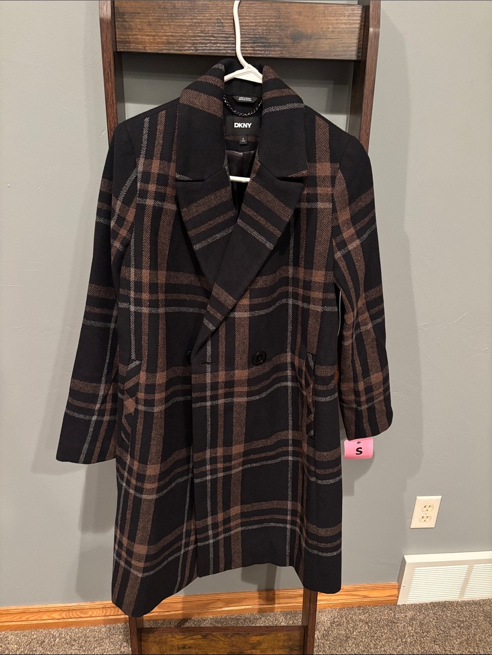 DKNY Black and Brown Plaid Double-coat